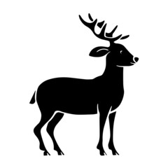 Black silhouette of a forest deer on a white background. A beautiful horned wild animal. Logo and design template. Vector isolated cartoon illustration