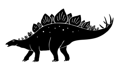 Black silhouette of a stegosaurus on a white background. Extinct herbivorous dinosaur. There are plates on the back, sharp thorns on the tail. Jurassic prehistoric animal. Vector isolated illustration © Mikhail