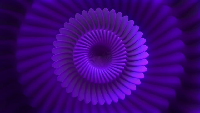 Abstract fractal pattern with lilac blades or petals, seamless loop. Motion. Rotating abstract purple shapes with hypnotic effect.