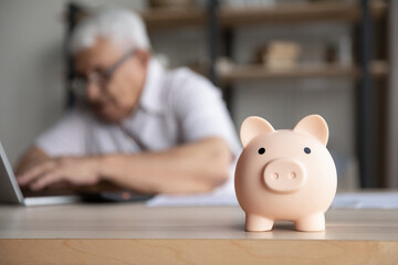 Close up focus on small pink piggybank standing on table with blurred concentrated old senior...