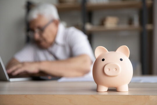 Close up focus on small pink piggybank standing on table with blurred concentrated old senior retired man in eyeglasses making payments online in computer application, planning investments, accounting