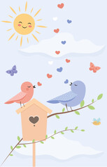 A postcard on the theme of spring. Two lovebirds are sitting at the birdhouse and singing love songs to each other. The awakening of nature. bright colorful vector illustration