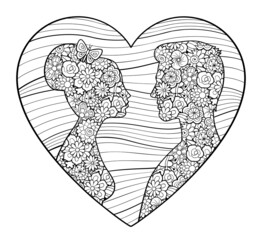 Silhouettes of man and woman filled with floral pattern in a heart frame. Black and white outline vector illustration. Antistress coloring page for adults