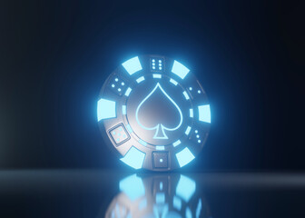 Casino Chips with futuristic glowing neon blue lights and spades symbol isolated on the black background. 3d render illustration