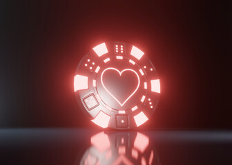 Fototapeta na wymiar Casino Chips with futuristic glowing neon red lights and hearts symbol isolated on the black background. 3d render illustration