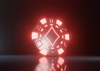 Fototapeta na wymiar Casino Chips with futuristic glowing neon red lights and diamonds symbol isolated on the black background. 3d render illustration