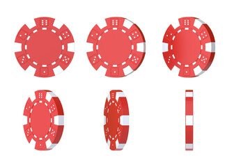 Red casino chips from different angles isolated on white background. Gambling game, casino concept. 3D rendering 3d illustration