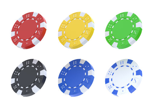 Collection of coloured casino chips from different angles isolated on white background. Gambling game, casino concept. 3D rendering illustration