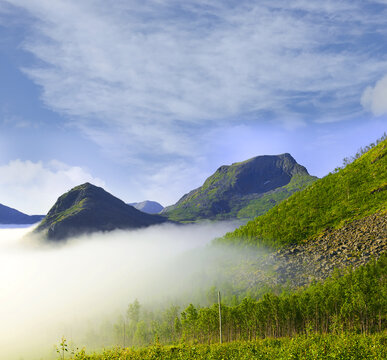 Senja island in the fog. Located in Northern of Norway.