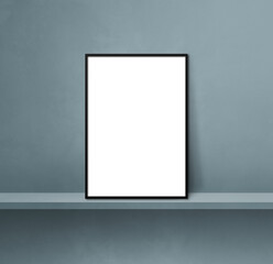 Black picture frame leaning on a grey shelf. 3d illustration. Square background