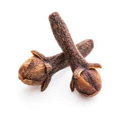 Dry cloves isolated on white background. Clove spice macro.