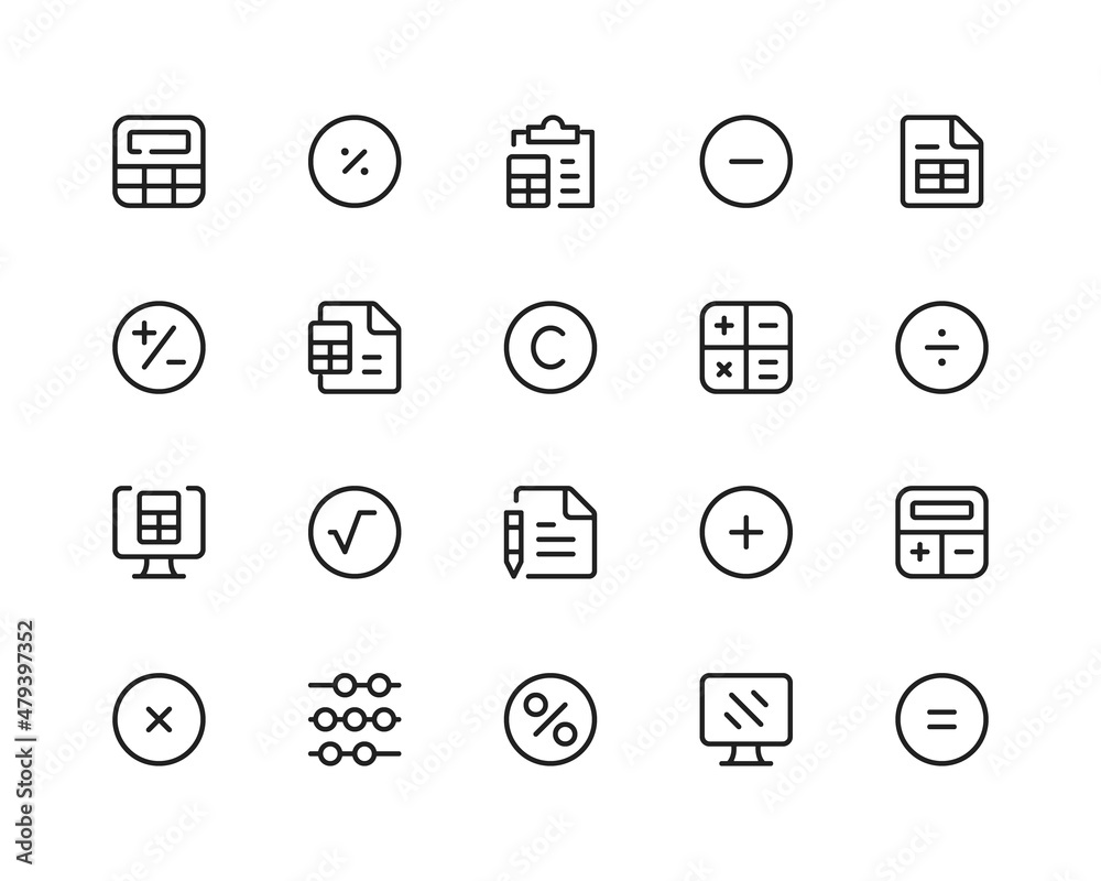 Poster calculator line icons. arithmetic operations, mathematics. outline symbols set. thin line design gra