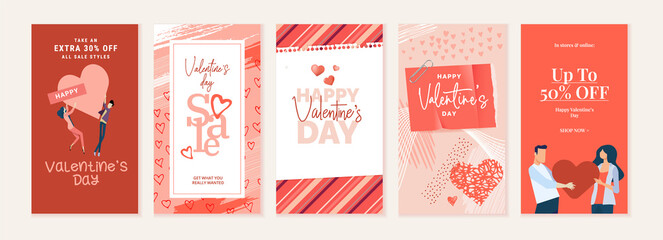 Naklejka premium Set of Valentines day social media banners. Vector illustrations for social media banners, website banners, online shopping, sale ads, greeting cards, marketing material.