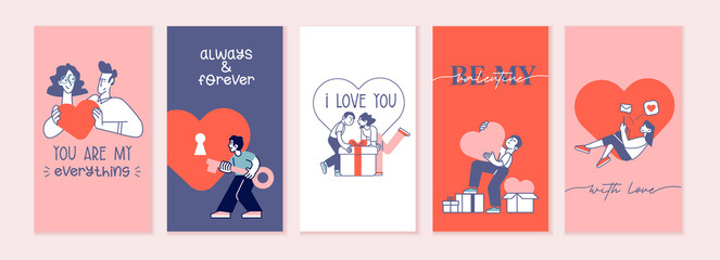 Fototapeta na wymiar Set of Valentines day cards. Romantic cards and messages for all lovers or those who will become. Vector illustrations for greeting cards, backgrounds, web banners, social media banners, marketing.