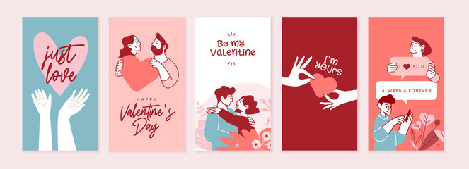 Set of Valentines day cards. Romantic cards and messages for all lovers or those who will become. Vector illustrations for greeting cards, backgrounds, web banners, social media banners, marketing. - obrazy, fototapety, plakaty