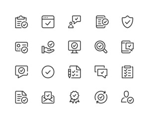 Approve line icons. Check mark, checkmark, tick. Outline symbols set. Thin line design graphic elements collection. Modern style concepts. Vector line icons set