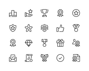 Awards line icons. Prize, medal, quality control, trophy. Outline symbols set. Thin line design graphic elements collection. Modern style concepts. Vector line icons set