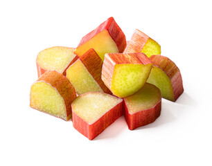 Chopped rhubarb stem isolated on white with clipping path. Pile of cut rhubarb pieces.