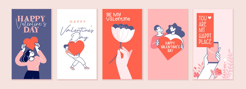 Set of Valentines day cards. Romantic cards and messages for all lovers or those who will become. Vector illustrations for greeting cards, backgrounds, web banners, social media banners, marketing.