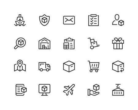 Delivery line icons. Shipping, transportation, logistics. Outline symbols set. Thin line design graphic elements collection. Modern style concepts. Vector line icons set