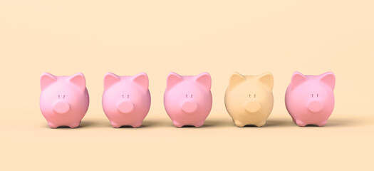 Aligned piggy banks and a different one. Copy space. 3D illustration.