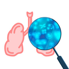 A lot of bacterias and viruses in human lungs under magnifying glass on white