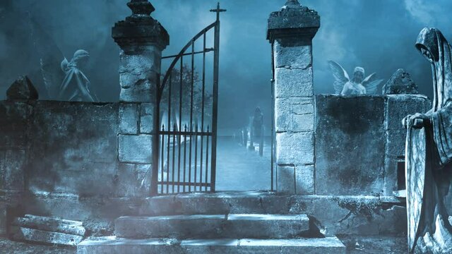 Eerie Cemetery Gate with Blue Foggy Atmosphere 4K Loop features an old cemetery with a gate falling off and statues with fog in a loop.