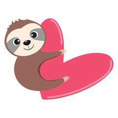 Sloth hanging on heart, vector illustration. 