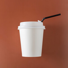 plastic white coffee cup with drinking tube on brown background
