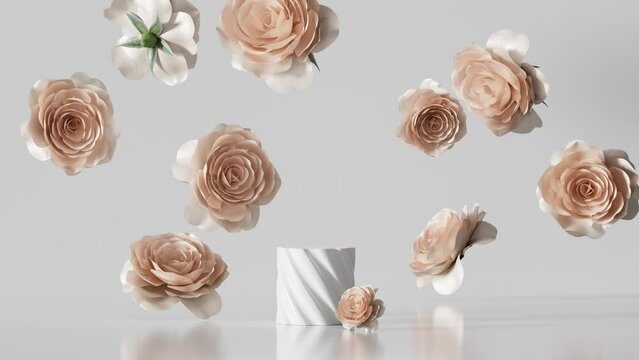 3D display podium pastel pink flower on white background. Rose growing. Nature minimal beauty pedestal, cosmetic product presentation. Valentine, feminine copy space template 3d render loop animation