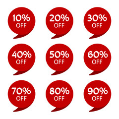 Special offer sale red tag isolated set. white background. discount 10 to 90% offer price label, symbol for advertising campaign in ritail, sale promo marketing, fifty percent off discount sticker