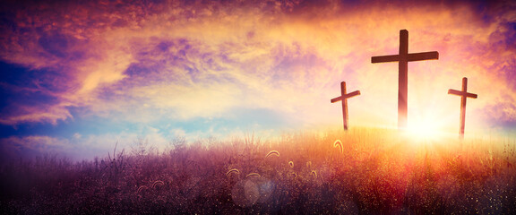 Three Crosses On A Hill At Sunset - Crucifixion Of Jesus Christ - obrazy, fototapety, plakaty