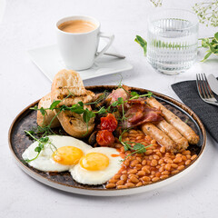 American Breakfast Sausage Egg Ham Bacon Toast and beans