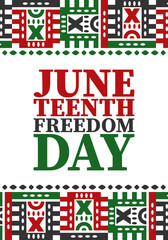 Juneteenth. Freedom and Emancipation day in June. Independence Day. Annual African-American holiday, celebrated in June 19. American history and heritage. Vector poster, illustration and banner