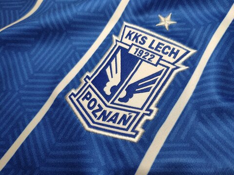 Lech Poznań emblem on the blue home jersey background. Poznan, Poland - January 2022
