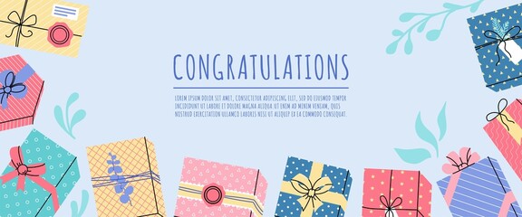 Congratulations web banner with gifts in scandinavian style. Banner with Gift different boxes, green branches. Horizontal poster, greeting cards, headers website