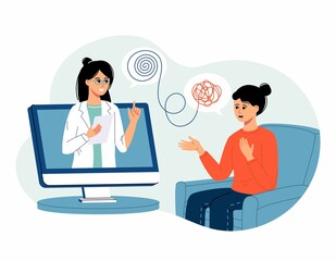 Psychologist doctor online consultation. Psychotherapy practice, psychological help, psychiatrist consulting patient. Psychology. Trendy flat cartoon style. Vector illustration on white background