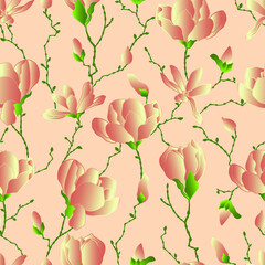 vector seamless patterns of magnolia flowers with branches and leaves. Botanical illustration for wallpaper, textile, fabric, clothing, paper, postcards