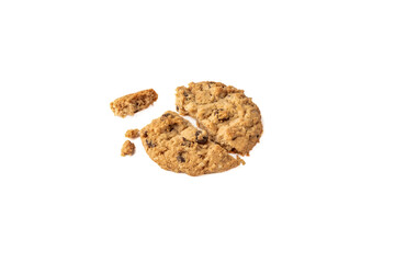 One crumbled granola cookie on a white background.