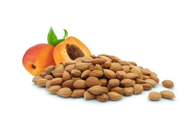 Apricot kernels and juicy fruit isolated on white background