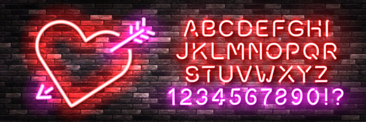 Naklejka na ściany i meble Vector realistic isolated neon sign of Heart logo with easy to change color alphabet font for invitation template on the wall background. Concept of Valentine's Day.
