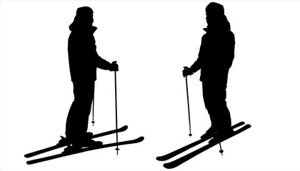 The skier stands half sideways, bending his knee. Winter sports. Man skier. A guy in a ski suit with sticks poles in his hands and skis on his feet. Male black silhouette isolated on white background.