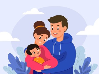 Family hugs. Little boy in parents arms, happy mom, dad and son, loving embrace, funny couple with child. Smiling man, woman and kid portrait, vector cartoon flat isolated concept