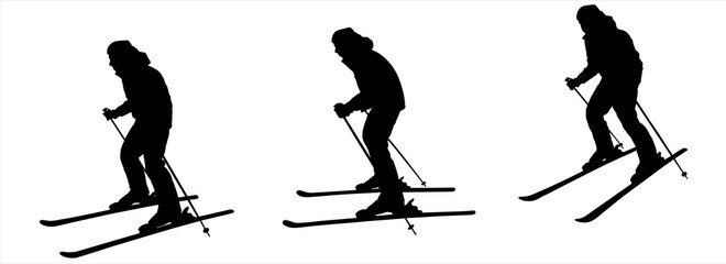 Man, guy skier. Skier preparing to descend from the slope. The skier pushes off the ground with the ski poles to move forward. Winter sports. Three male black silhouette isolated on white background.