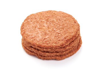 Raw burger cutlets, ingredients for hamburger, isolated on white background.