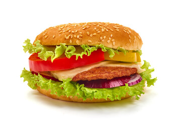 Fresh tasty burger, american hamburger, fastfood, isolated on white background.