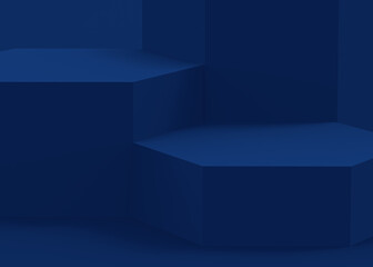 Abstract 3d blue dark hexagon podium minimal studio background.