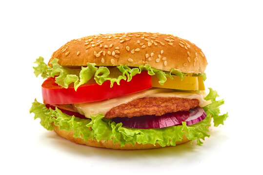 Fresh tasty burger, american hamburger, fastfood, isolated on white background.