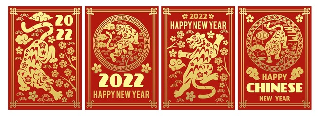 Chinese new year tiger posters. Traditional greeting cards, gold silhouette animals and flowers with ornament on red background, asian decorative graphics, vector festive holiday banners set - obrazy, fototapety, plakaty