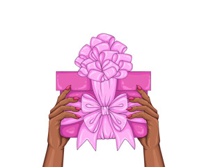 Vector drawing elegant African American woman hand. Woman Fashion model fingers with manicure long sharp nails holding pink gift boxes decorated ribbons and bows. Design print Festive greeting present
